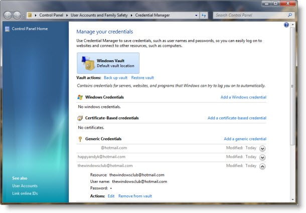 credentialmanager Windows 7 Credential Manager & Windows Vault