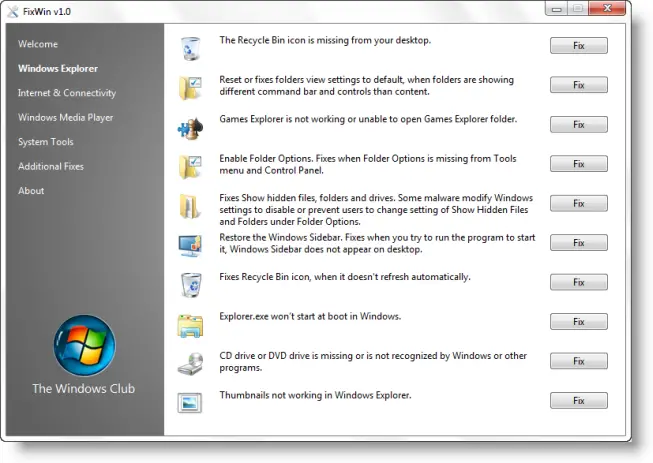 fixwin Repair & Fix Windows 7 & Vista problems with FixWin Utility