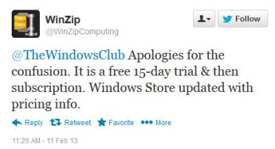 winzip tweet 400x217 Download WinZip app for Windows 8 Free (Not Free)