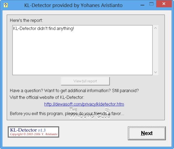 kl detector Keylogger Detector freeware for Windows 8 | 7