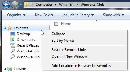 Add Folder or Library to Favorites Link