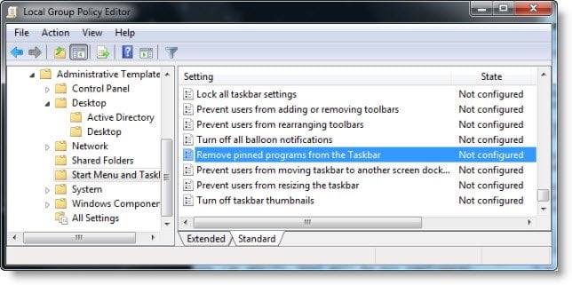 Disable Pinned Taskbar Programs