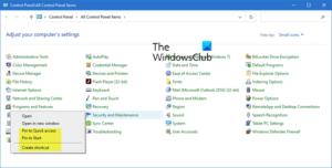 create shortcut to control panel item windows 10