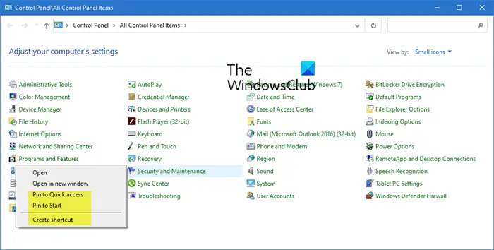 Create Shortcut to Control Panel applets in Windows 10