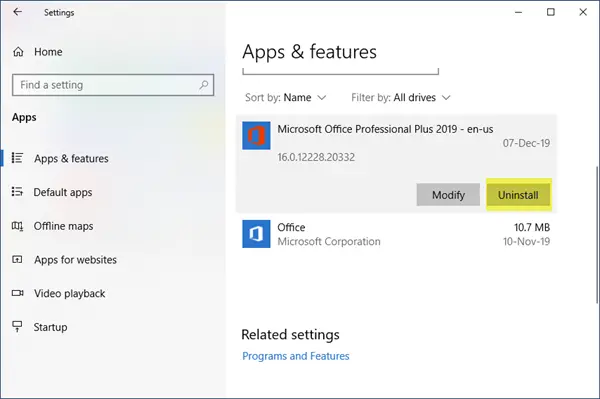 remove office apps