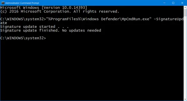 Update Windows Defender using MpCmdRun.exe command