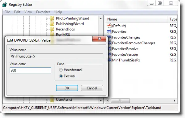 Increase Taskbar Thumbnail size through Registry
