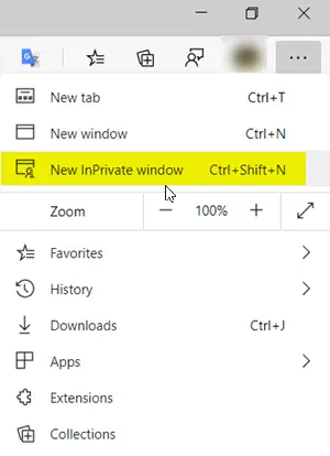 InPrivate window in Edge browser