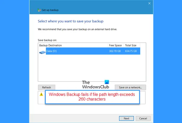 Windows Backup fails if file path length exceeds 260 characters