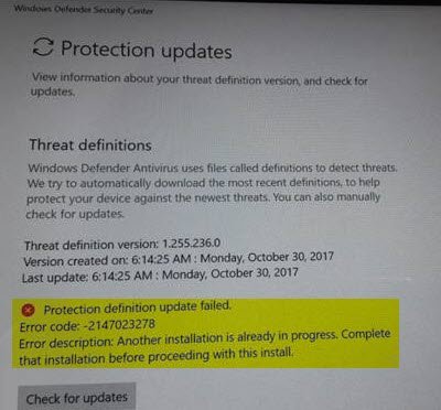 Protection definition update failed