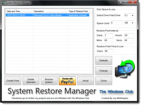 System Restore Manager screenshot