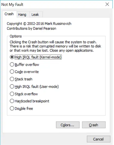 Crash, hang, cause kernel memory leaks in Windows 10