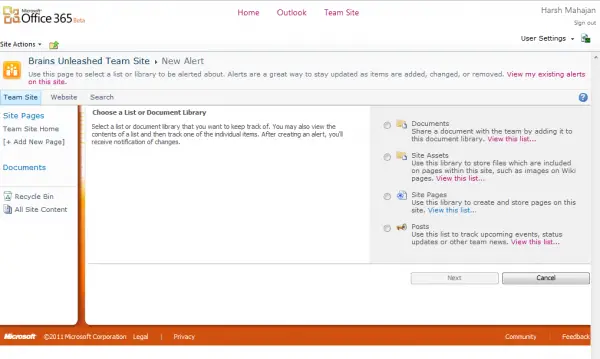 How to add alerts for Documents, Site Pages, Folders in Office 365