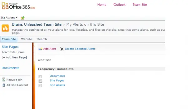 How to add alerts for Documents, Site Pages, Folders in Office 365