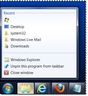 clear Taskbar icons Jump List history in Windows