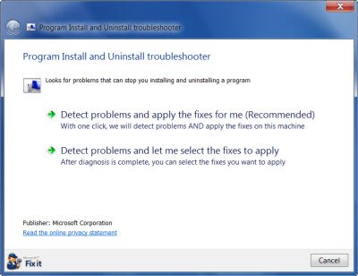 Program Install and Uninstall Troubleshooter