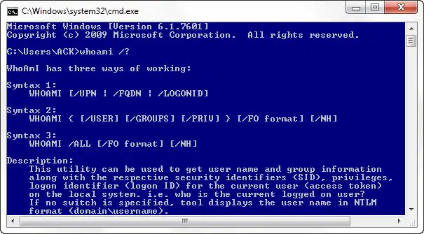 WHOAMI utility in Windows 10 and its use, syntax, commands