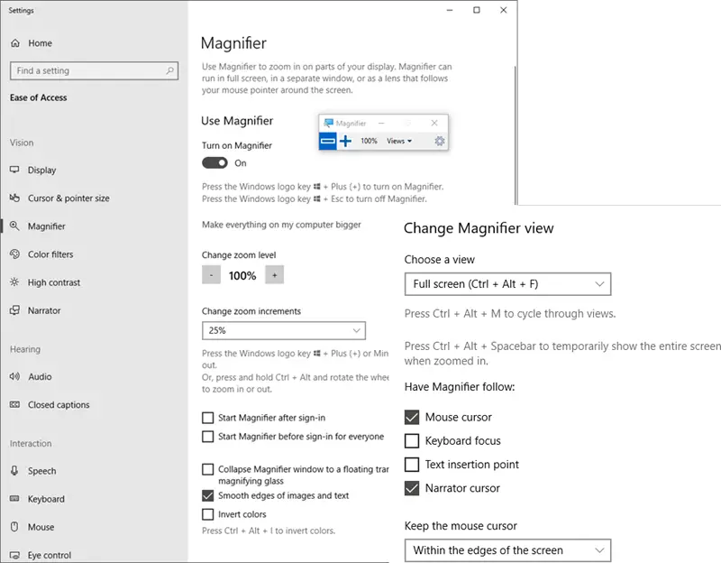 windows 10 magnifier settings