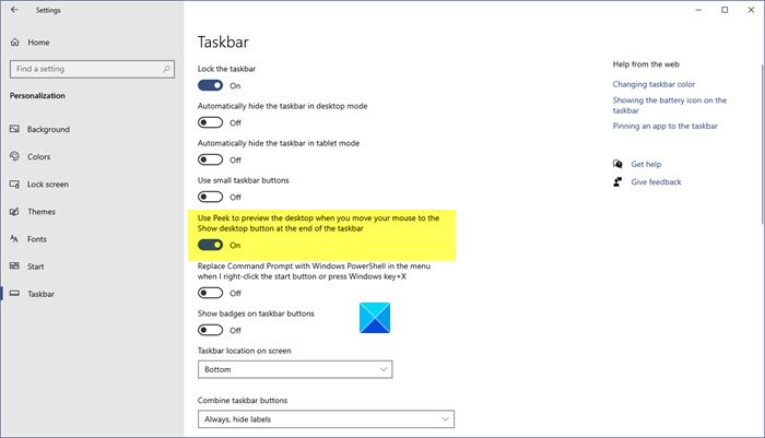 Disable Peek feature in Windows 10
