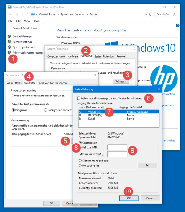 Increase Page File size on Windows 10