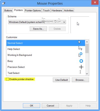 Disable Mouse Pointer Shadow