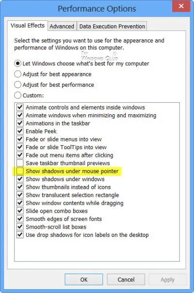 Performance Options window