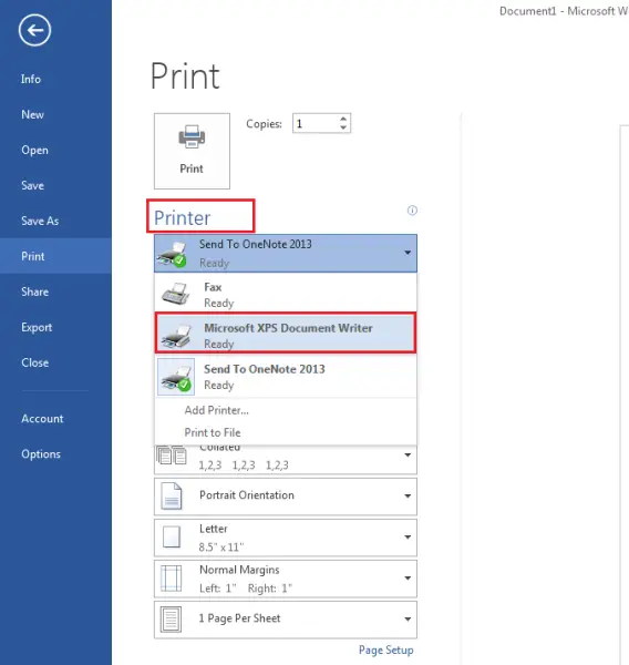 How to Print to the XPS Document Writer