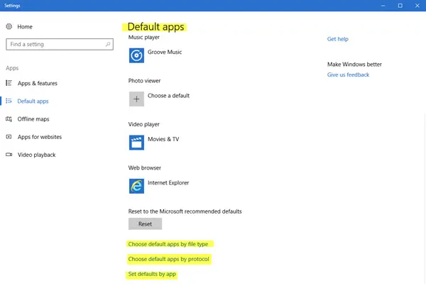 set default apps windows 10
