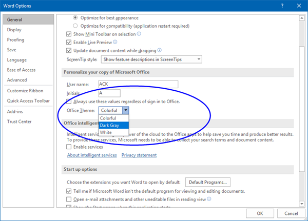 White, Gray, Colorful or Black themes in Microsoft Office 2016