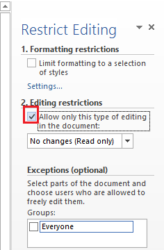 Editing Restrictions check box
