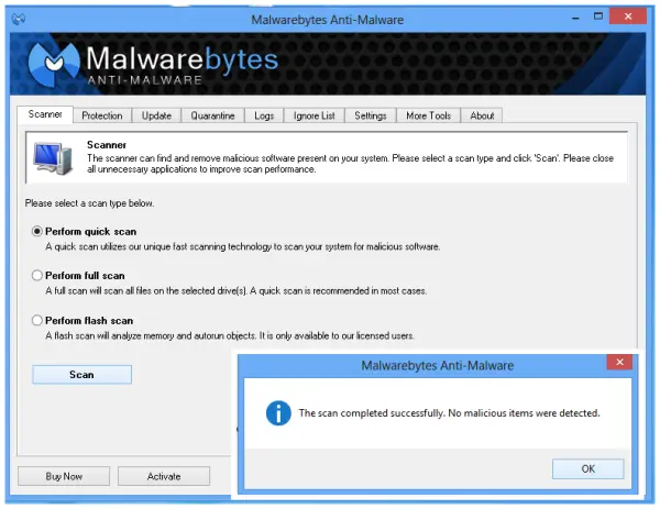MalwareBytes quick scan