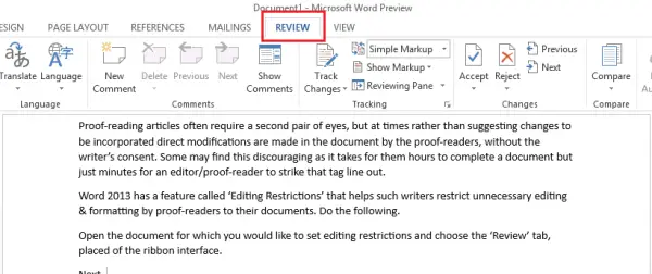 Review tab- ribbon interface