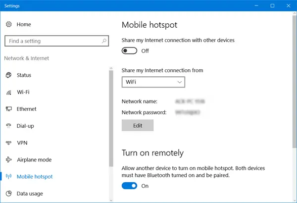vytvořit mobilní Hotspot přes Windows 10 Nastavení