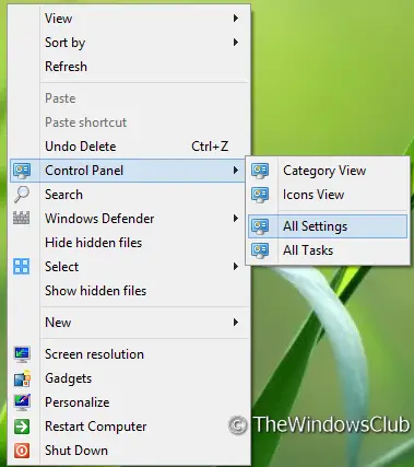 Add Control Panel to Desktop Context Menu
