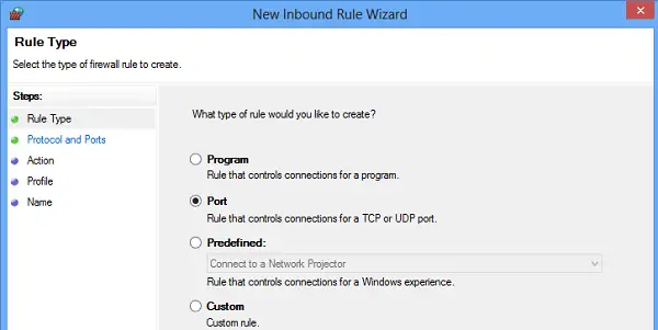 Allow Incoming Connection Port—Windows Firewall 