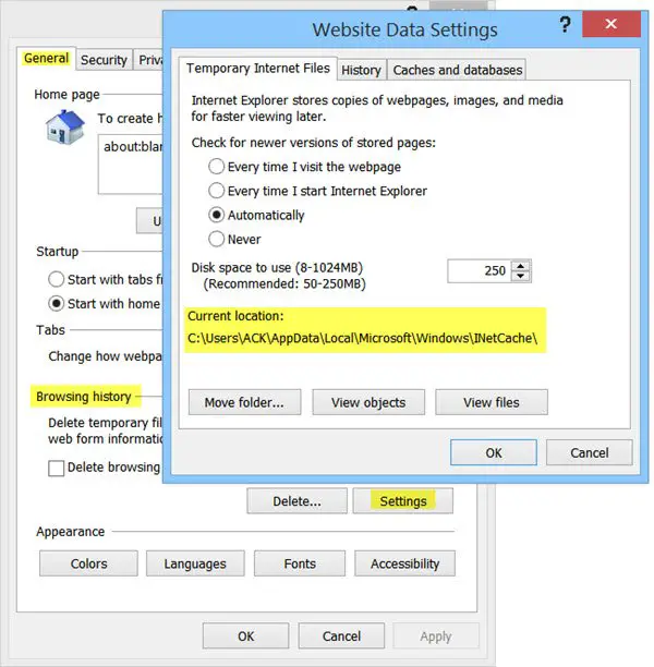 Temporary Internet Files Folder location