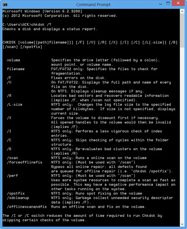 ChkDsk Command Line Options, Parameters Windows 11/10