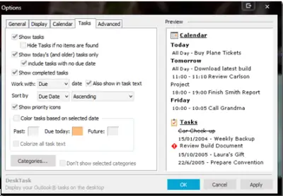 Display Outlook Calendar Tasks on Windows desktop with DeskTask