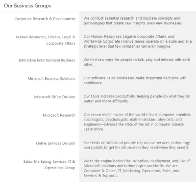 Figure 2 - How To Get Job in MIcrosoft - Divisions