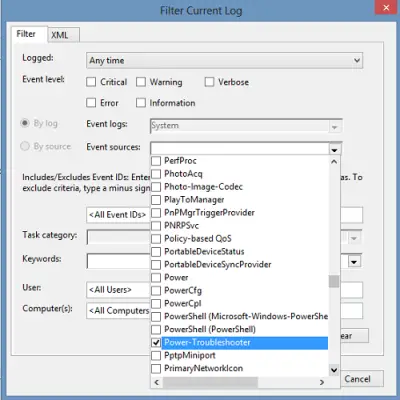 Filter Windows Log by Power Troubleshooter