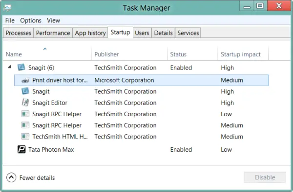 Task Manager Starup Program List