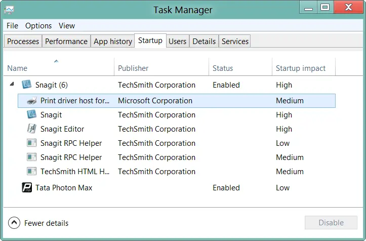 Task Manager Starup Program List