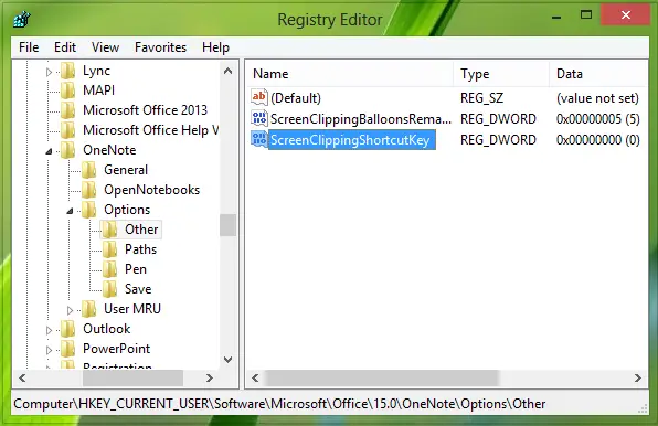 Registry Method to fix Screen Clipping Shortcut in OneNote not working after upgrading to Windows 11/10