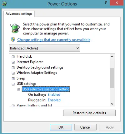 USB Selected suspend setting