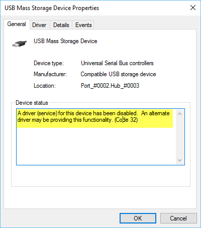 A driver service for this device has been disabled Code 32 - 3