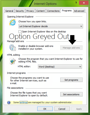 Manage Add ons in Internet Explorer is grayed out