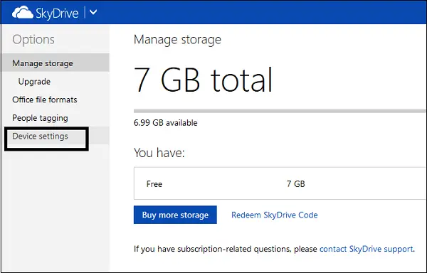 skydrive device settings