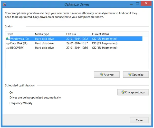 Дефрагментатор диска в Windows 8
