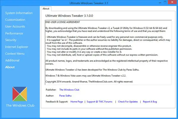Ultimate Windows Tweaker 3.1 about
