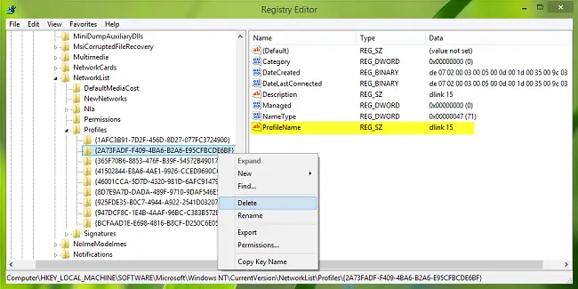 delete WiFi Network Profile 